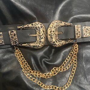 Elegant Black and Gold Belt with Chain Detail